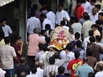 Relatives and friends gather at Chandanwadi Crematorium for the funeral of Sanket Nevashe, president of the Bhuleshwar Cha Raja Ganpati Mandal, who was among the two people killed after the 22-foot Ganpati idol collapsed. (Photo by Anshuman Poyrekar/Hindustan Times) (Anshuman Poyrekar/HT Photo)