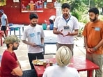NSUI’s Gurnam Singh Sidhu campaigning ahead of PU elections on Sunday. (Keshav Singh/HT)