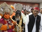 Samajwadi Party president Akhilesh Yadav honoured the artistes portraying Lord Ram and Hanuman during a press conference at the Lucknow office on August 2. (Deepak Gupta/HT)