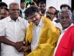 Tamil Nadu Chief Minister Joseph Vijay, CPI(M) Tamil Nadu state secretary P Shanmugam and senior party leaders 