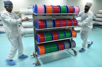This photograph taken on July 9, 2026 shows staff pushing a trolley of optical fibres at Sterlite Technologies Limited (STL) manufacturing facility in Maharashtra's Chhatrapati Sambhaji Nagar. (AFP) This photograph taken on July 9, 2026 shows staff pushing a trolley of optical fibres at Sterlite Technologies Limited (STL) manufacturing facility in Maharashtra's Chhatrapati Sambhaji Nagar. (AFP)