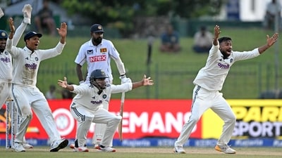 Manav Suthar picked up the wicket of nightwatcher, Prabath Jayasuryiya giving India the perfect finish to the day as Sri Lanka were left reeling at 8/2. (AFP) Manav Suthar picked up the wicket of nightwatcher, Prabath Jayasuryiya giving India the perfect finish to the day as Sri Lanka were left reeling at 8/2. (AFP)