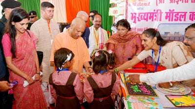 Chief minister Yogi Adityanath interacts with schoolchildren in Rae Bareli on Monday. (ANI PHOTO) Chief minister Yogi Adityanath interacts with schoolchildren in Rae Bareli on Monday. (ANI PHOTO)