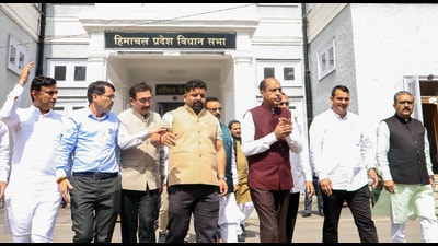 Himachal Pradesh LoP Jairam Thakur walks out of the Assembly during the ongoing Monsoon Session, in Shimla on Monday. (ANI)