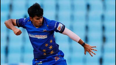 Kartik Tyagi in action at the UP T20 league. (HT) Kartik Tyagi in action at the UP T20 league. (HT)