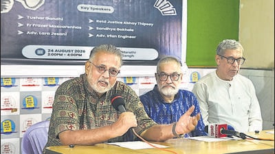 Mumbai, India - Aug. 24, 2026: Tushar Gandhi ,Adv. Irfan Engineer ,Fr. Frazer Mascarenhas,Shakir Shaikh, during the Joint Civil Society Press Conference at Mumbai Marathi Patrakar Sanghin Mumbai, India, on Monday, August 24, 2026. (Photo by Anshuman Poyrekar/Hindustan Times) (Anshuman Poyrekar/HT Photo) Mumbai, India - Aug. 24, 2026: Tushar Gandhi ,Adv. Irfan Engineer ,Fr. Frazer Mascarenhas,Shakir Shaikh, during the Joint Civil Society Press Conference at Mumbai Marathi Patrakar Sanghin Mumbai, India, on Monday, August 24, 2026. (Photo by Anshuman Poyrekar/Hindustan Times) (Anshuman Poyrekar/HT Photo)