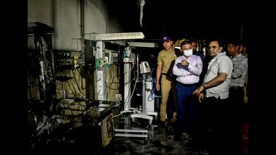 Officials inspect the Neonatal Intensive Care Unit (NICU) of a government hospital where a fire killed at least three newborns, in Amravati district, Maharashtra, Monday. (PTI) Officials inspect the Neonatal Intensive Care Unit (NICU) of a government hospital where a fire killed at least three newborns, in Amravati district, Maharashtra, Monday. (PTI)