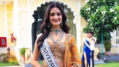 Miss Universe India 2025 Manika Vishwakarma crowned Kaziah Liz Mejo as her successor. (PTI) Miss Universe India 2025 Manika Vishwakarma crowned Kaziah Liz Mejo as her successor. (PTI)