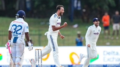 Prasidh Krishna provided India wih the first breakthrough dismissing Lahiru Udara late in the day. (PTI) Prasidh Krishna provided India wih the first breakthrough dismissing Lahiru Udara late in the day. (PTI)
