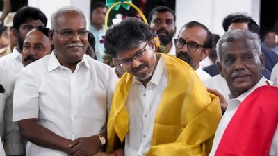 Tamil Nadu Chief Minister Joseph Vijay, CPI(M) Tamil Nadu state secretary P Shanmugam and senior party leaders (PTI) Tamil Nadu Chief Minister Joseph Vijay, CPI(M) Tamil Nadu state secretary P Shanmugam and senior party leaders (PTI)