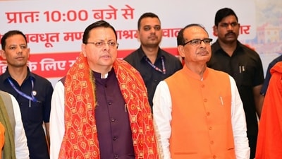 Union minister Shivraj Singh Chouhan and Uttarakhand Chief Minister Pushkar Singh Dhami attend a gathering at Avdhoot Mandal Ashram in Haridwar.