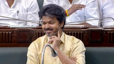 In this screengrab from a video received on Au. 21, Tamil Nadu chief minister Joseph Vijay is seen during the state Assembly session, in Chennai. (@tamilnaduassembly) In this screengrab from a video received on Au. 21, Tamil Nadu chief minister Joseph Vijay is seen during the state Assembly session, in Chennai. (@tamilnaduassembly)