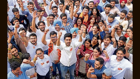 ABVP presidential candidate for PUSC Ankit Bidhan with supporters after filling the nomination paper at Student Centre, Panjab University in Chandigarh,on Monday. (Ravi Kumar/HT)
