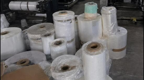 HSPCB officials inspected Daultabad Industrial Area for the use, storage and distribution of prohibited plastic during the August 21 drive. (HT)