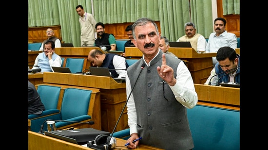 Himachal Pradesh Chief Minister Sukhvinder Singh Sukhu speaks during the monsoon session of the state Legislative Assembly, in Shimla, on Monday. (PTI)