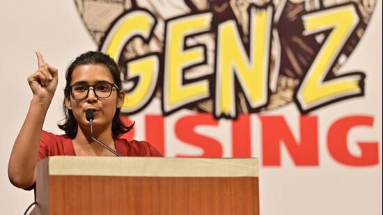 Neha Bora during the ‘Dil Se Bol: Mumbai With GenZ’ event at Y.B. Chavan Auditorium in Mumbai on Monday (Anshuman Poyrekar/HT Photo)