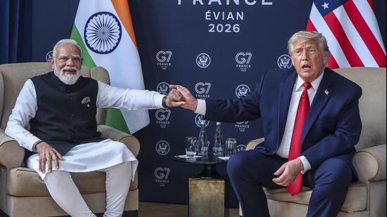 Prime Minister Narendra Modi during a meeting with U.S. President Donald Trump on the sidelines of the G7 Summit, in Evian-les-Bains, France. (PMO via PTI Photo)