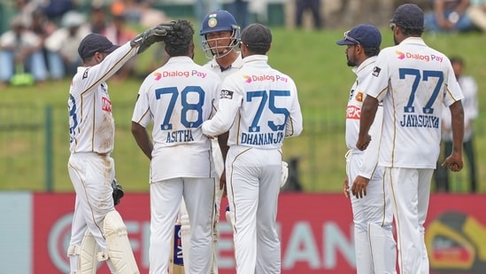 India's Yashasvi Jaiswal and Sri Lanka's Asitha Fernando exchange words during day one of the second cricket test match between Sri Lanka and India