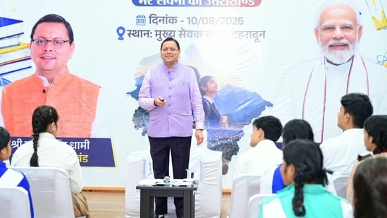 Uttarakhand Chief Minister Pushkar Singh Dhami during an interaction with students under the ‘Mere Sapno Ka Uttarakhand’ campaign.