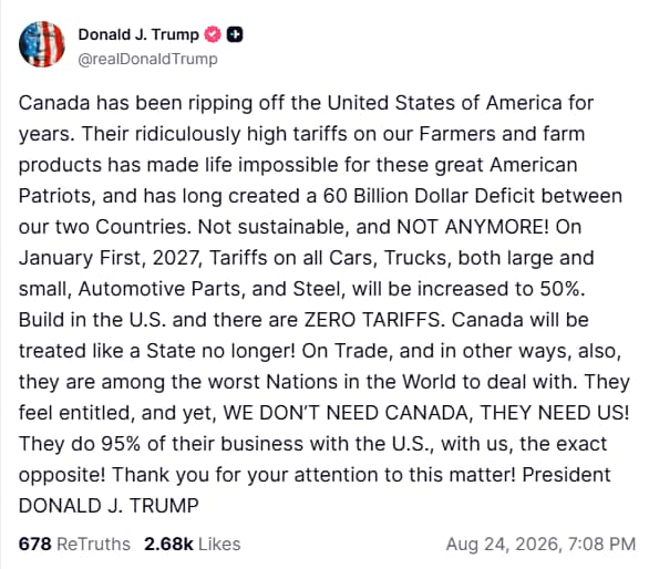 Trump's post on Truth Social.
