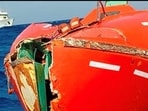 A lifeboat associated with the Panama-flagged ship MV Ocean Winner that sank off the coast of Odisha last week, during a search and rescue operation in the Bay of Bengal, India, August 25, 2026. 