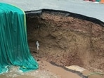 A portion of service road at IFFCO Chowk caved in. (HT Photo)