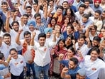 ABVP presidential candidate for PUSC Ankit Bidhan with supporters after filling the nomination paper at Student Centre, Panjab University in Chandigarh,on Monday. (Ravi Kumar/HT)