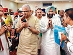 BJP national general secretary BL Sanotosh, second left, along with BJP Punjab President Kewal Singh Dhillon, second right, and others during a party leaders meeting ahead of the Punjab Elections, in Patiala, Punjab, Monday. (HT Photo)