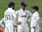 India's Saransh Jain (L), Yashasvi Jaiswal (C), and Sarfaraz Khan speak during the third day. India's Saransh Jain (L), Yashasvi Jaiswal (C), and Sarfaraz Khan speak during the third day.