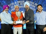 From left: Chandigarh Golf Club president Maj RS Virk with Alamgir Singh Grewal, Dr Ravisher Singh Toor and Amarbir Lehal during the felicitation ceremony. (HT Photo)