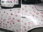 A car covered in kiss marks. 