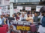 Himachal Pradesh LoP Jai Ram Thakur and others stage a protest against the opposition during the monsoon session of the Himachal Pradesh Assembly, in Shimla on Monday. (ANI)