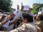 Leaders and activists of the Jammu and Kashmir Apni Party protest against electricity tariffs in Srinagar on Monday. (Waseem Andrabi/HT)