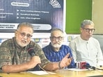 Mumbai, India - Aug. 24, 2026: Tushar Gandhi ,Adv. Irfan Engineer ,Fr. Frazer Mascarenhas,Shakir Shaikh, during the Joint Civil Society Press Conference at Mumbai Marathi Patrakar Sanghin Mumbai, India, on Monday, August 24, 2026. (Photo by Anshuman Poyrekar/Hindustan Times) (Anshuman Poyrekar/HT Photo)