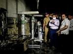 Officials inspect the Neonatal Intensive Care Unit (NICU) of a government hospital where a fire killed at least three newborns, in Amravati district, Maharashtra, Monday. (PTI)