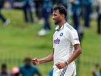 Prasidh Krishna celebrates after taking the wicket of Kamindu Mendis. Prasidh Krishna celebrates after taking the wicket of Kamindu Mendis.