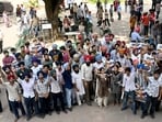 SAAKHI Vice President candidate for PUSC Manmeet kaur with supporters after filling his nomination paper at Student Centre, Panjab University, Chandigarh on Monday. (Ravi Kumar/ht)