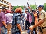 Students campaigning at DAV College, Sector 10, Chandigarh on Monday. (Keshav Singh/HT)