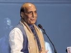 Union defence minister Rajnath Singh addresses an event in Noida, UP.