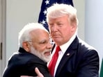 Prime Minister Narendra Modi and Donald Trump exchange greetings at a joint press conference in Washington.