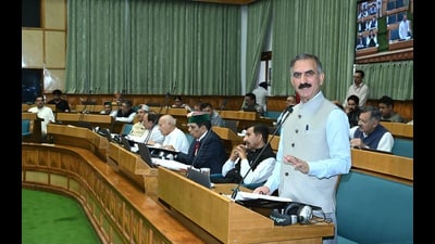 Chief minister Sukhvinder Singh Sukhu addressing the assembly during the Himachal Pradesh Vidhan Sabha monsoon session in Shimla on Tuesday. (HT Photo) Chief minister Sukhvinder Singh Sukhu addressing the assembly during the Himachal Pradesh Vidhan Sabha monsoon session in Shimla on Tuesday. (HT Photo)