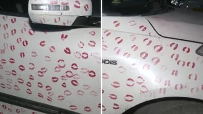 A car covered in kiss marks. (X/@ANI_MP_CG_RJ)