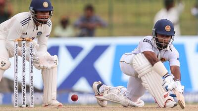 Sri Lanka batter Sonal Dinusha plays a shot on Day 3 of the second Test against India at the Sinhalese Sports Club Ground in Colombo on Tuesday. (ANI Photo) Sri Lanka batter Sonal Dinusha plays a shot on Day 3 of the second Test against India at the Sinhalese Sports Club Ground in Colombo on Tuesday. (ANI Photo)