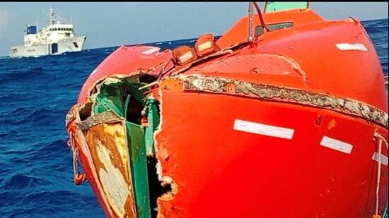 A lifeboat associated with the Panama-flagged ship MV Ocean Winner that sank off the coast of Odisha last week, during a search and rescue operation in the Bay of Bengal, India, August 25, 2026.