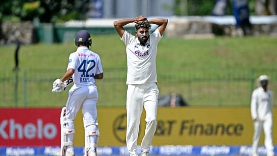India's Mohammed Siraj reacts after a delivery during the third day of the second Test cricket match between Sri Lanka and India