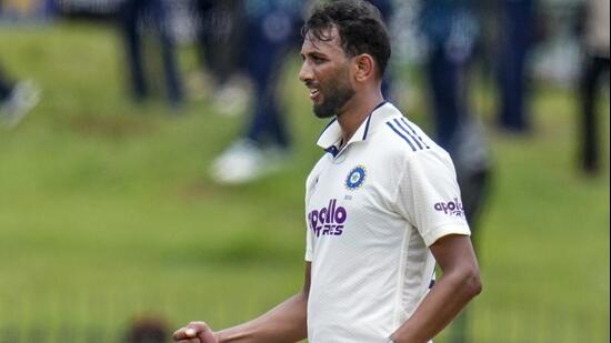 India fast bowler Prasidh Krishna celebrates his dismissal of Sri Lanka's Kamindu Mendis on Day 3 of the second Test at the Sinhalese Sports Club Ground in Colombo on Tuesday. (PTI)