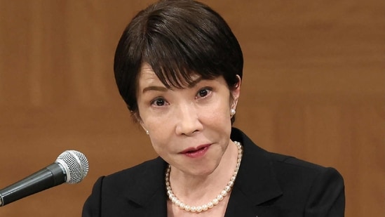 Japanese Prime Minister Sanae Takaichi speaks during a press conference marking the 81st anniversary of the dropping of the atomic bomb, in Hiroshima on August 6, 2026. (Photo by JIJI Press / AFP) / Japan OUT