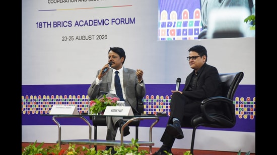 Panellists at the 18th BRICS Academic Forum at Malviya Auditorium, University of Lucknow, in Lucknow, on Tuesday (Deepak Gupta/HT)