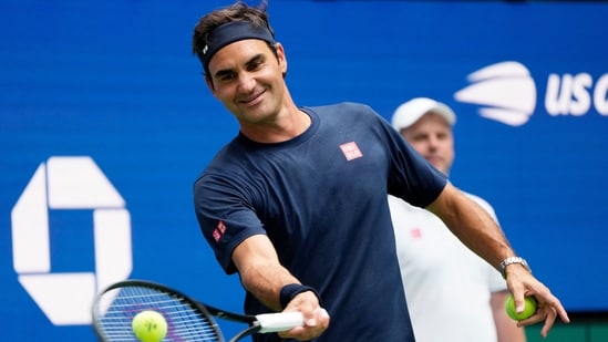 Former player Roger Federer during practice ahead of an exhibition match
