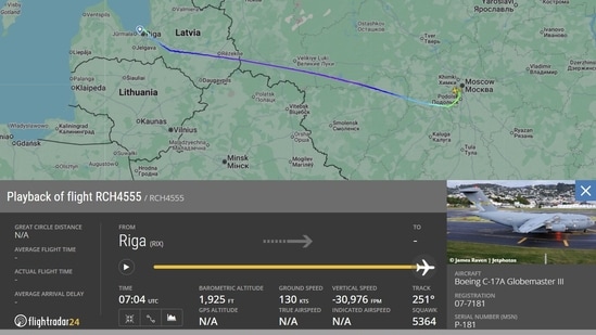 Flight tracking data showed that the US aircraft, with callsign RCH4555 and bearing registration 07-7181, took off from Riga at around 8.50 am and landed in Moscow minutes after 10 am.